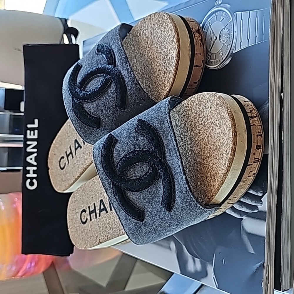 Chanel Suede and Cork Slides